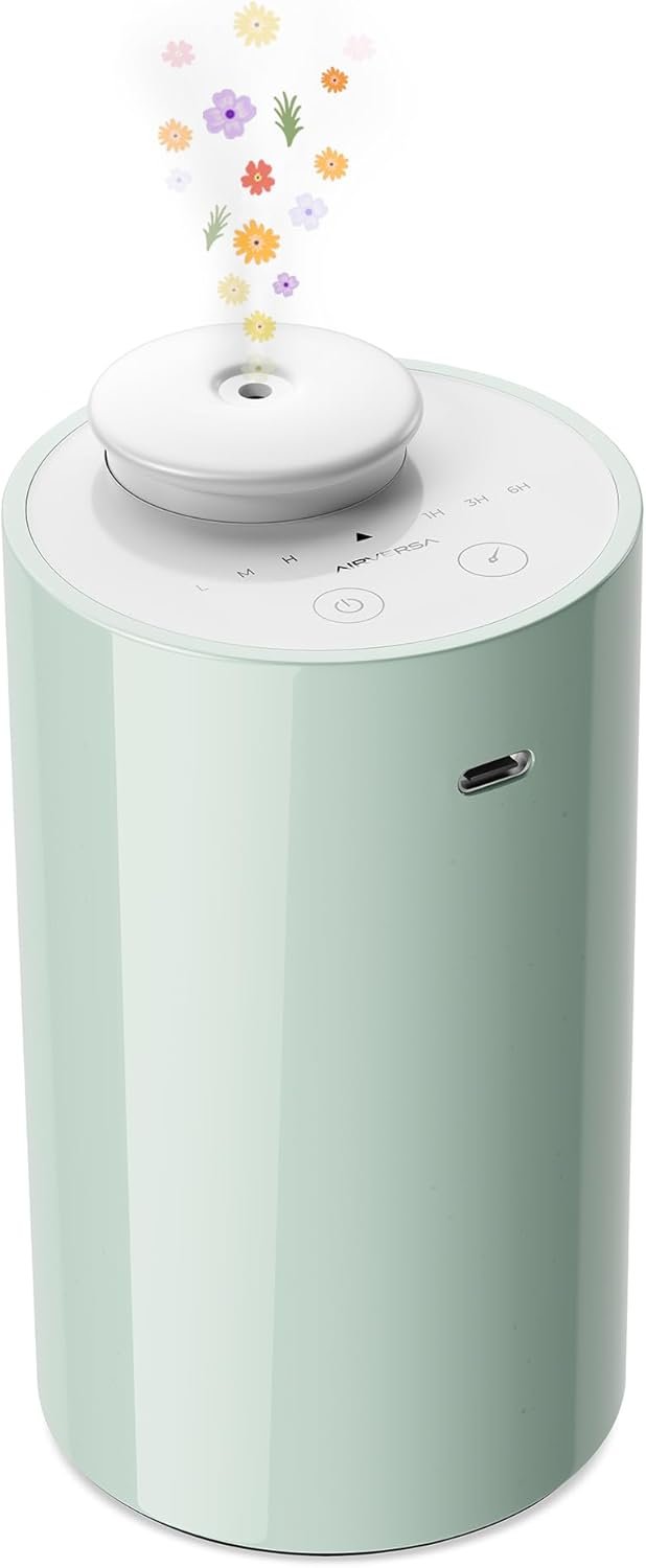 Waterless Diffuser for Essential Oil, Battery Operated Nebulizer, 0.7 Fl.Oz./ 20mL Capacity, Mini Scent Air Machine, 3 Countdown Timers & 3 Mist Levels for Home, Room, Car, Office – AN6 Green Lily