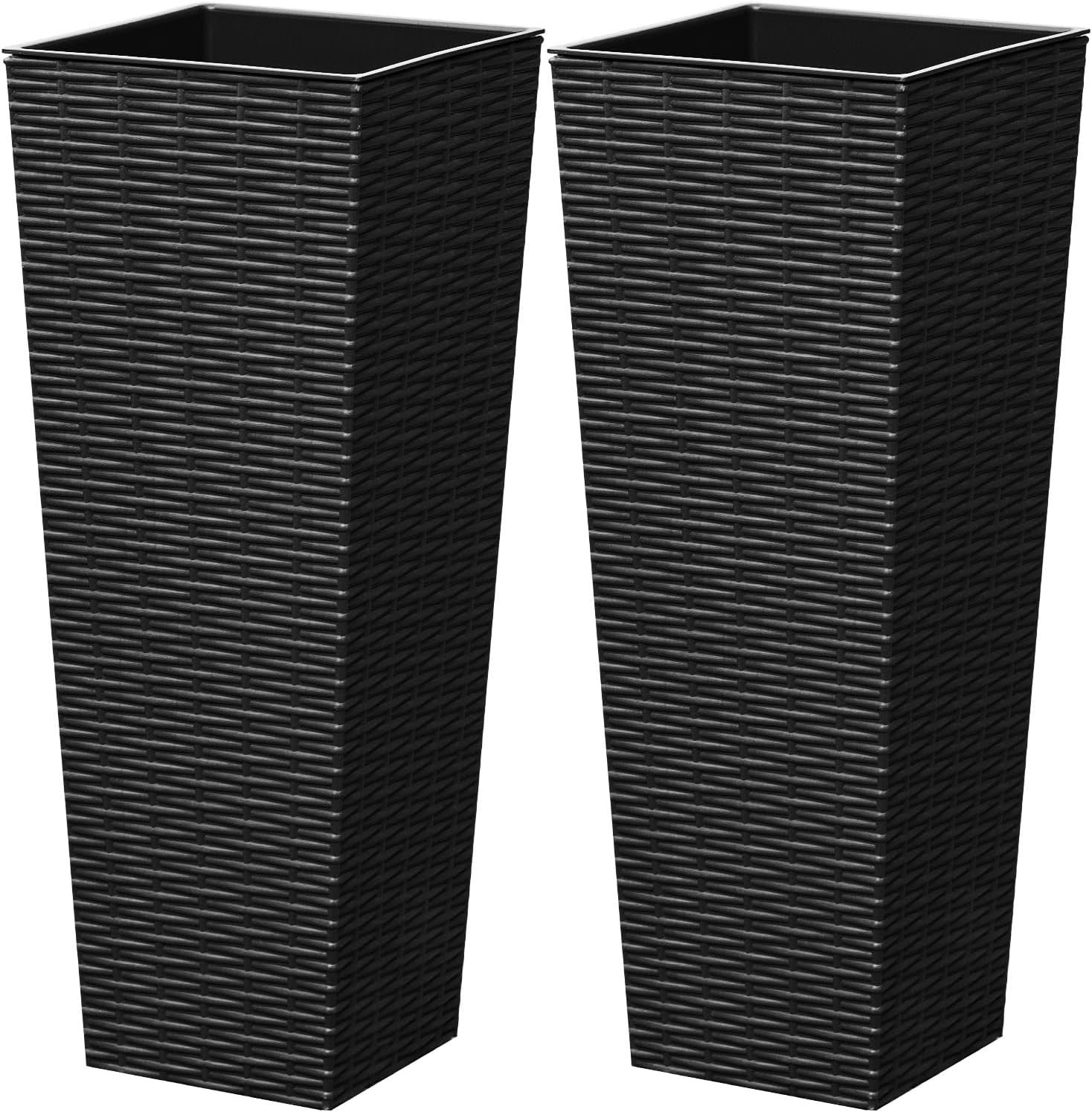 Greesum 24 Inch Tall Plastic Planters with Rattan Texture – Set of 2, Detachable Inner Pot & Drainage Holes, Indoor/Outdoor Decorative Flower Pots for Large Plants, Trees, Patio, and Garden, Black