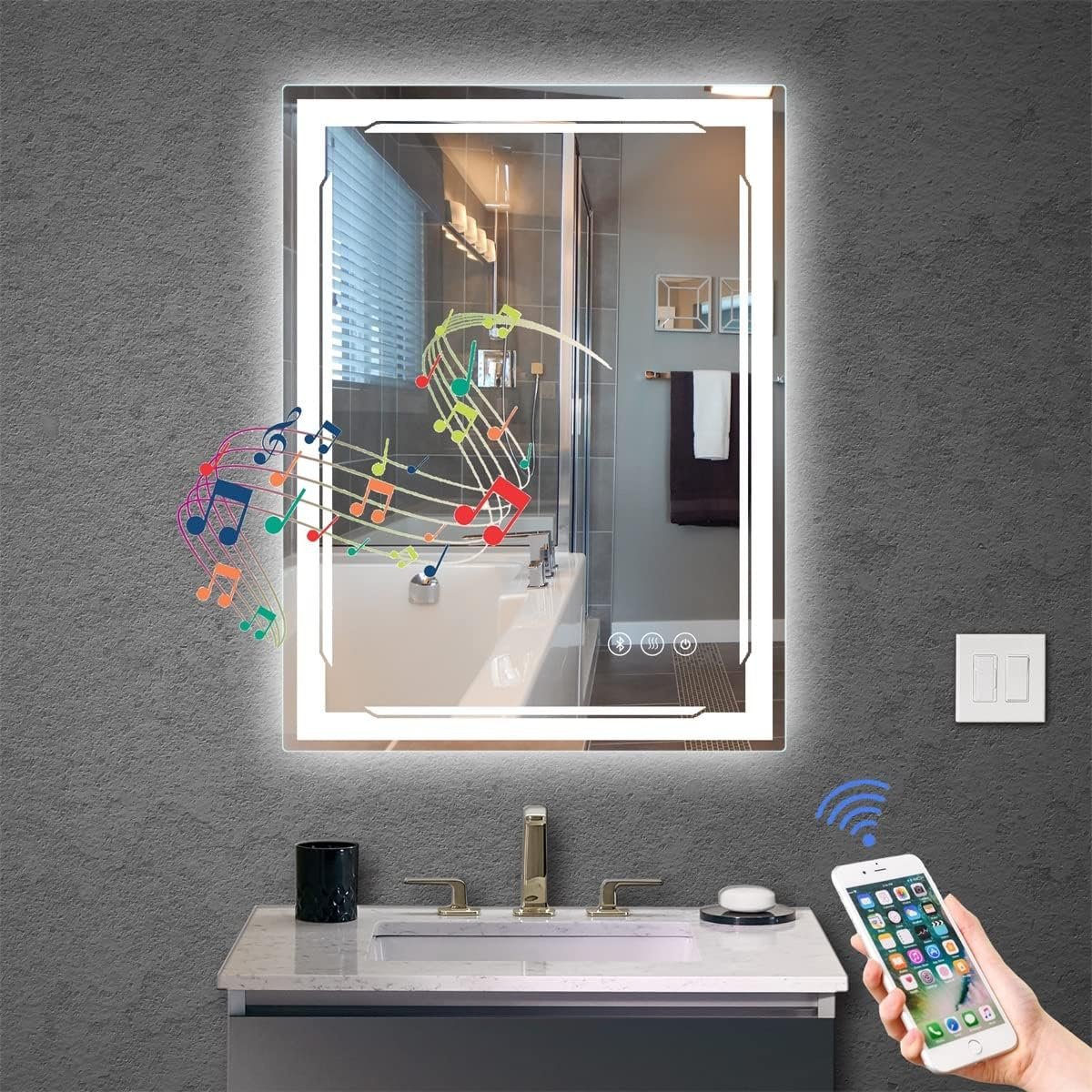 24”X32” LED Bathroom Mirror with Lights, Built-in Bluetooth Speaker, Anti-Fog Dimmable 3 Lights Setting Backlit + Front Lit, Lighted Vanity Makeup Wall Mirrors, Shatter-Proof IP65 Waterproof
