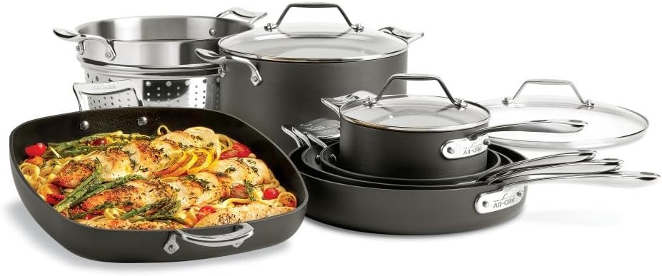 All-Clad Essentials Hard Anodized Nonstick Cookware Set 10 Piece Oven Safe 350F Pots and Pans Black