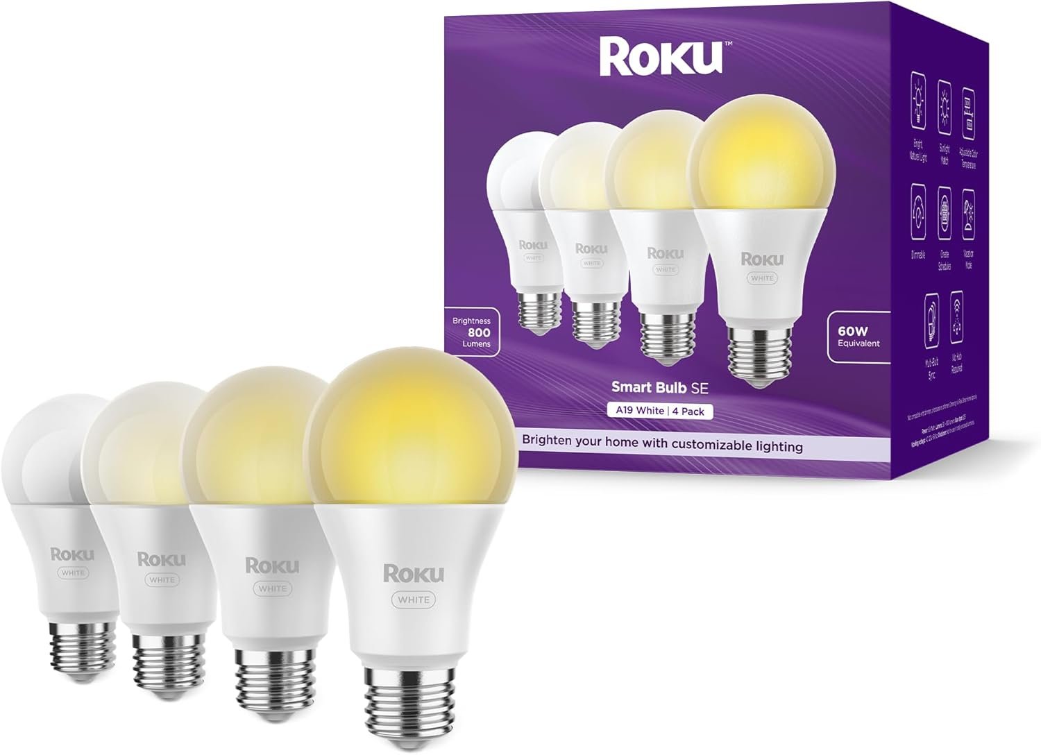 Roku Smart Light Bulbs (White, 4-Pack) – Dimmable A19 Lightbulbs with Adjustable Brightness & Temperature – WiFi Smart Bulbs Works with Roku Voice, Alexa & Google Assistant, No Hub Required