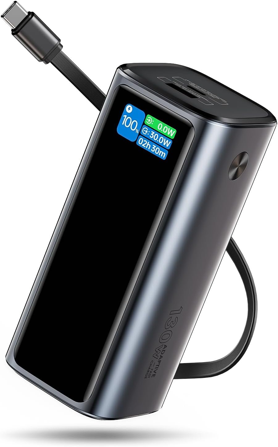 Laptop Power Bank, 130W Portable Charger with Dual Ports & Built-in Retractable Cable, 20000mAh Portable Power Bank with Smart Digital Display, for iPhone 17/16/15 Pro/Pro Max Series, MacBook, Android