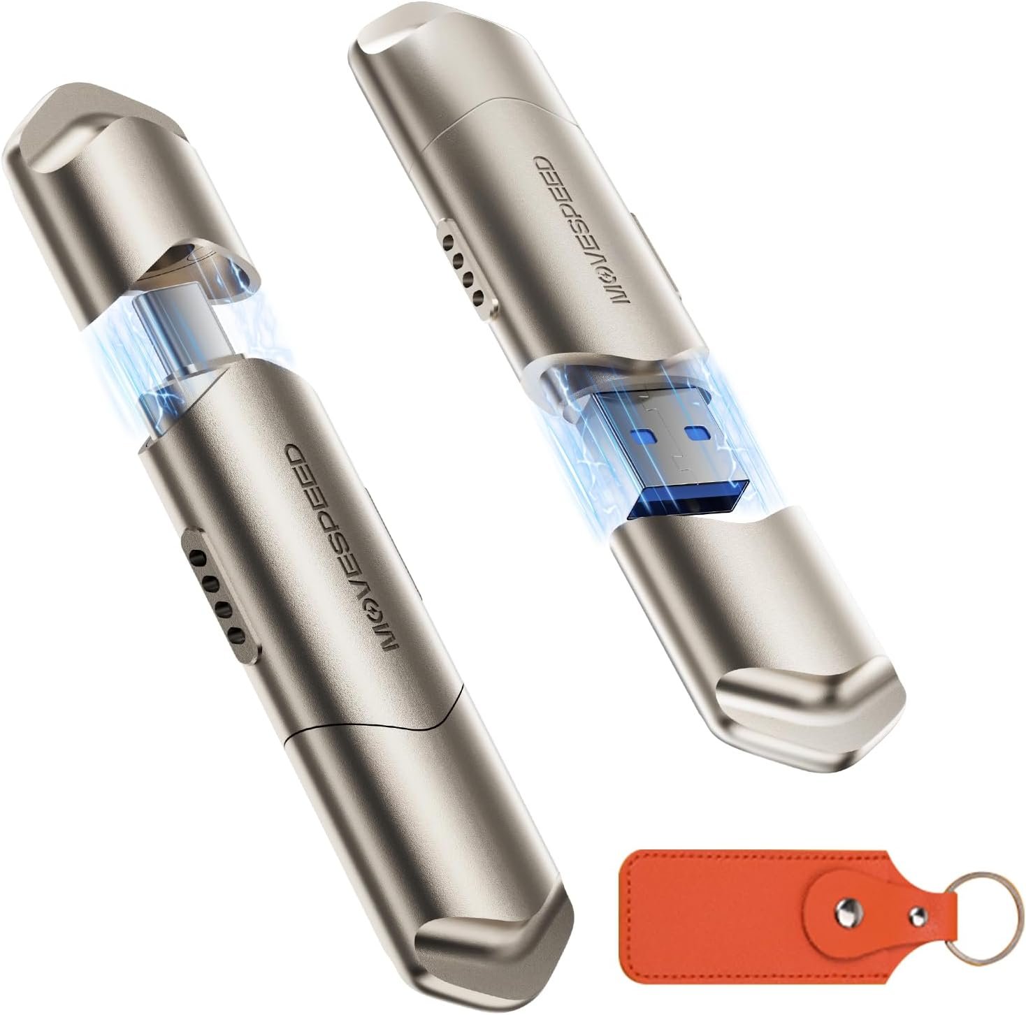 MOVE SPEED USB Drive 256GB External SSD 1000MB/s USB 3.2 Gen2+USB C Dual Ports Portable Zinc Alloy Thumb Drive Stick, External Drive with Metal Casing for iPhone 15/16/17 Series/Mac/Android Phone