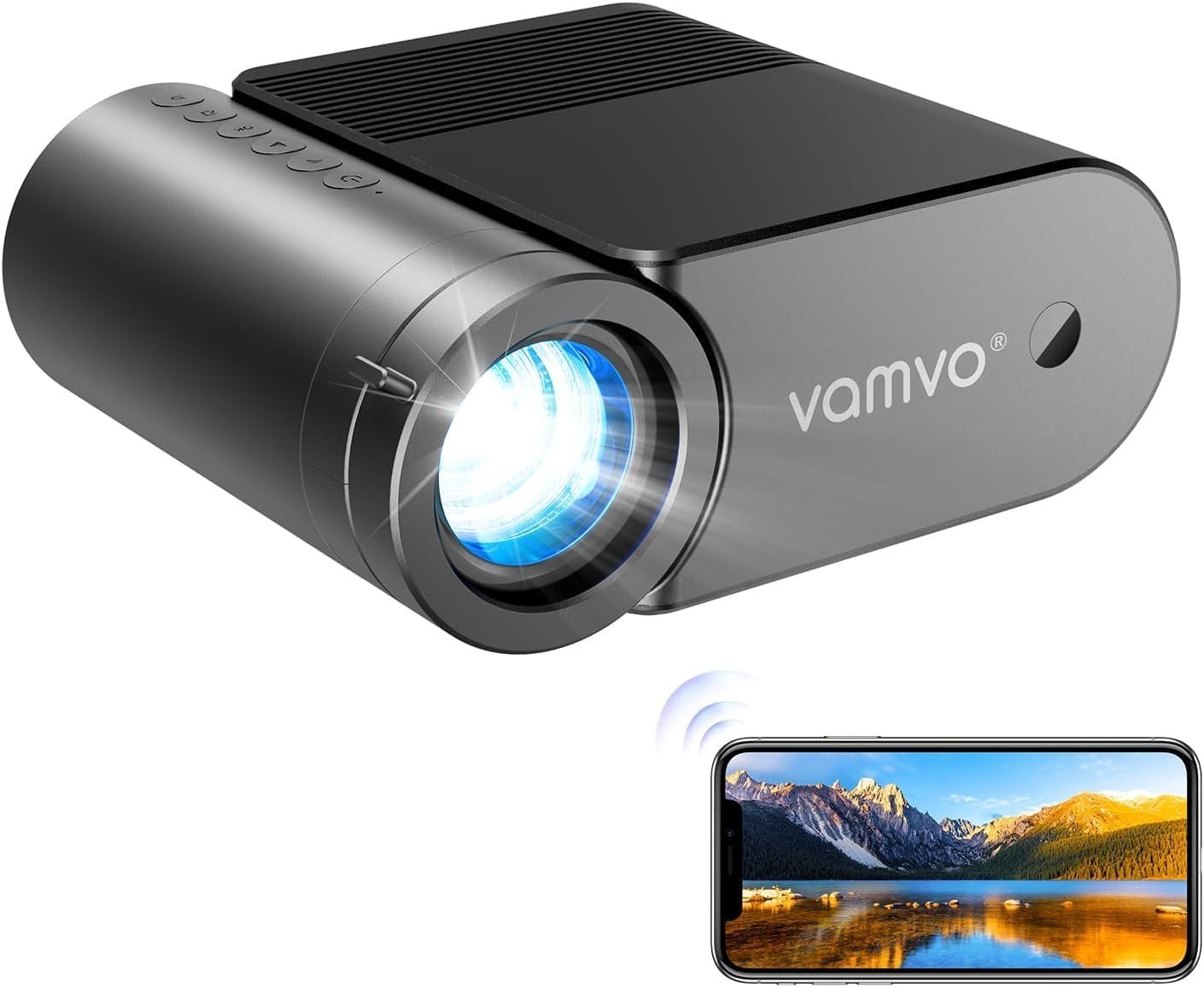 vamvo Portable Projector WiFi VideoProjector 1080P 200″ Portable Movie Projector, Outdoor Projectors with Stylish streamlined Design, Compatible with phone/ Tablet/ Laptop/ TV Stick/ PS4 etc.