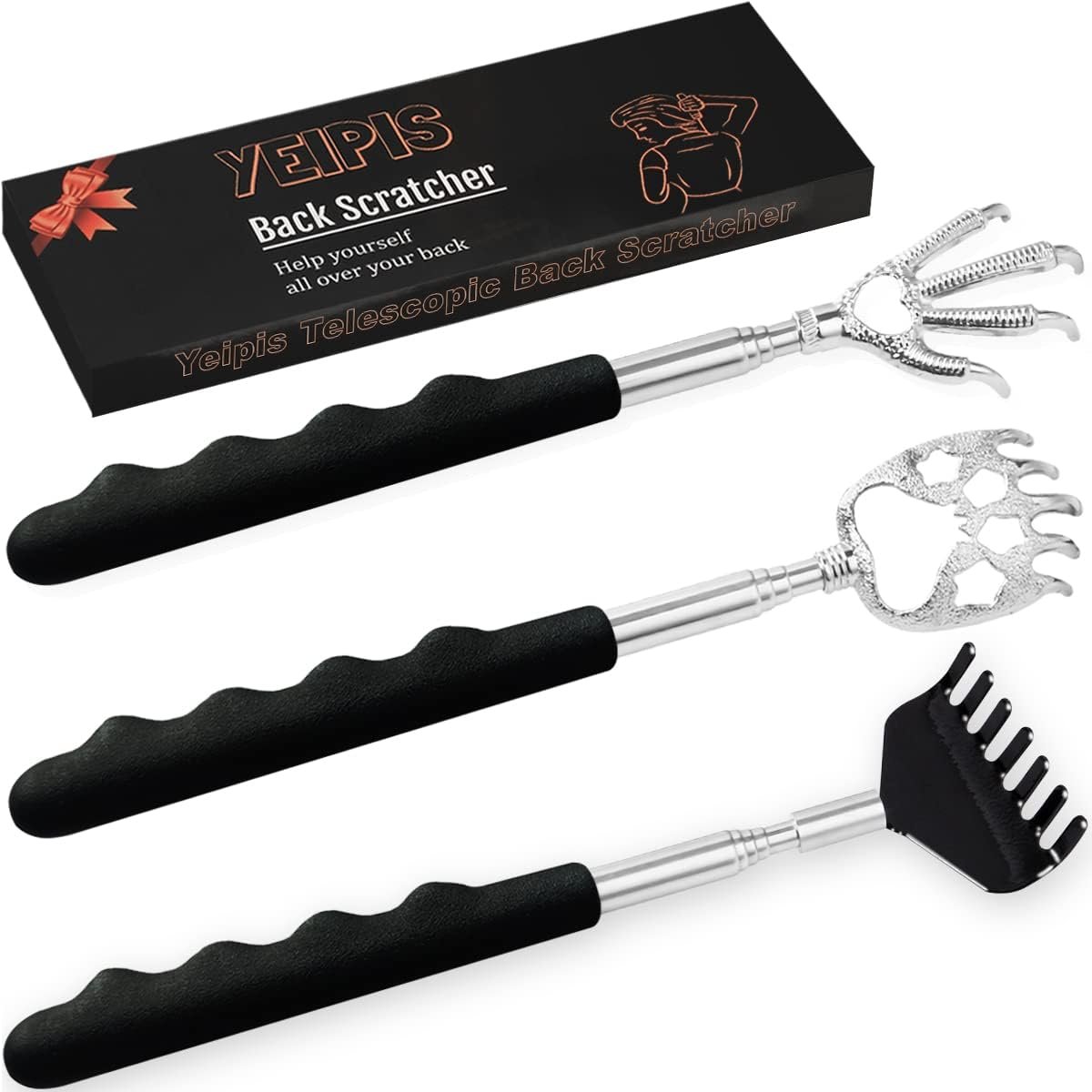 3 Pack Back Scratcher Metal Portable Telescoping with Rubber Handles, Extendable Back Massager Tool with Beautiful Box, White Elephant Stocking Stuffers Gifts for Men Women Christmas Presents