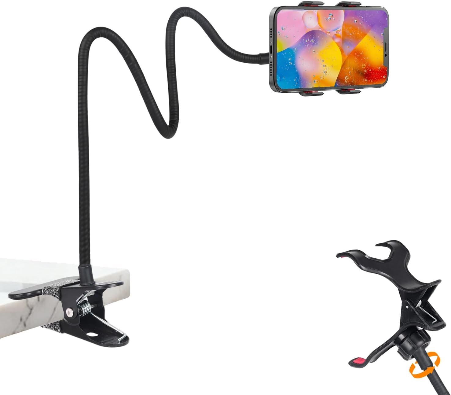 Gooseneck Phone Holder for Desk,Clip On Phone Holder for Bed,Flexible Long Arm Lazy Bracket,Cell Phone Stand Mount with Clamp for iPhone 16 Pro Max 15 14 13 X SE Series,for All 4″-7″ Cellphone