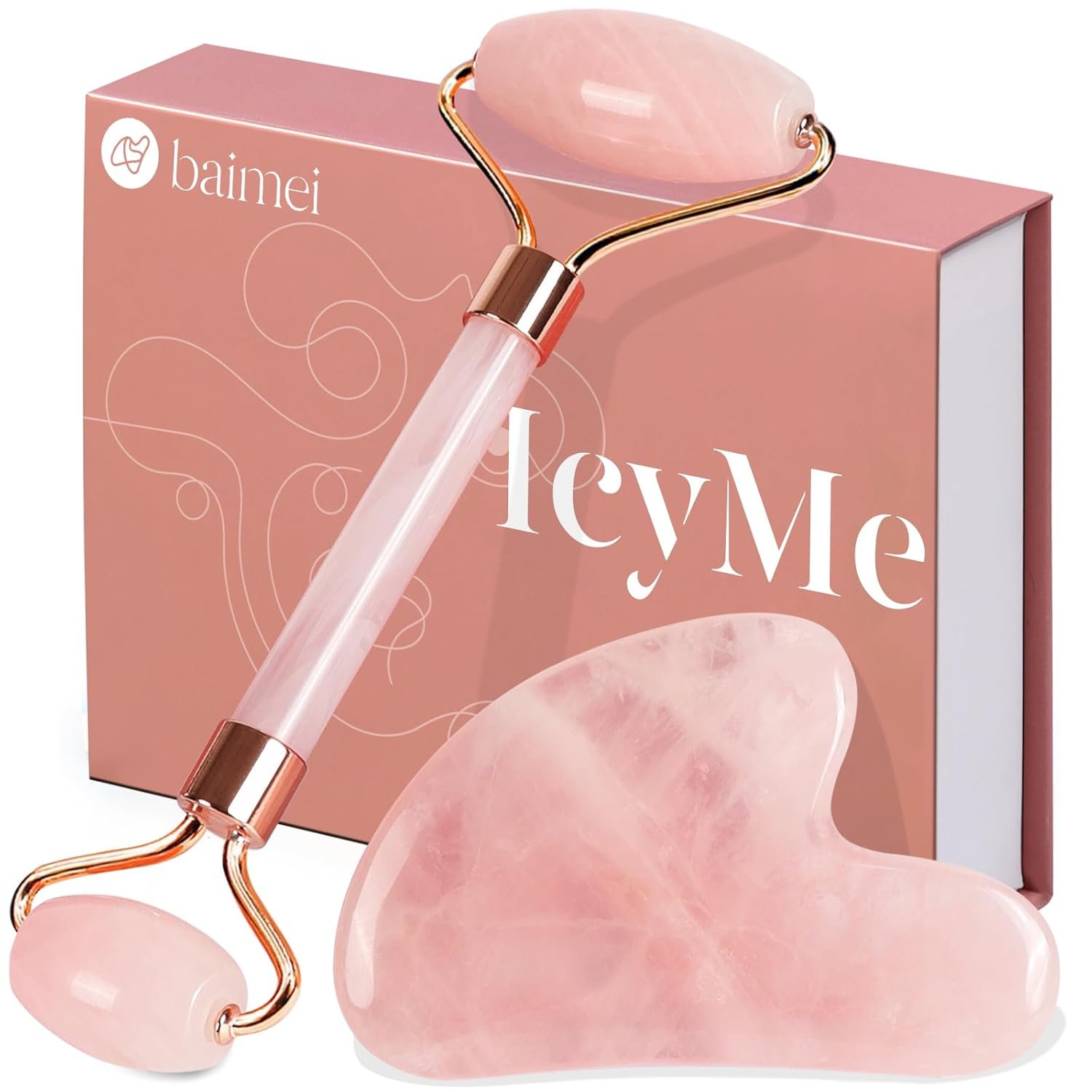 BAIMEI IcyMe Jade Roller & Gua Sha, Face Roller Redness Reducing Skin Care Tools, Self Care for Men Women, Massager for Face, Eyes, Neck, Relieve Fine Lines and Wrinkles – Rose Quartz