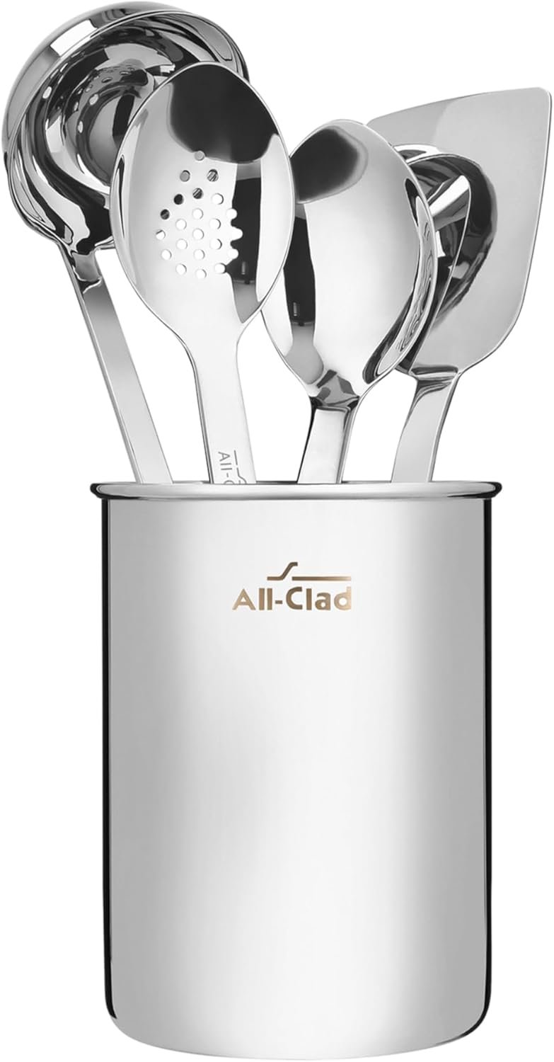 All-Clad 5-Piece Stainless Steel Kitchen Utensil Set – Includes Ladle, Solid Spoon, Slotted Spoon, Turner & Storage Caddy – Heavy-Gauge, Ergonomic, Dishwasher Safe, Silver