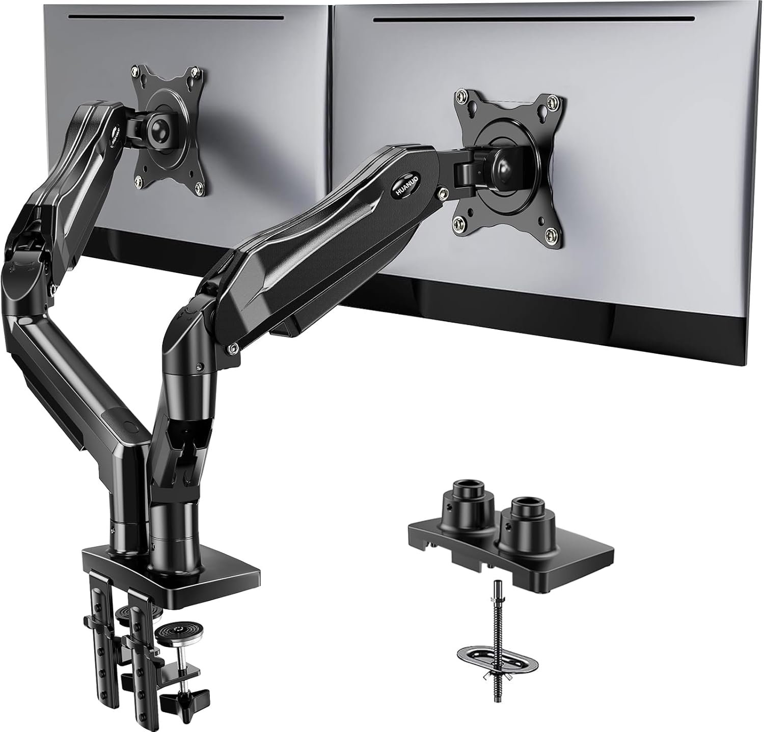 HUANUO Dual Monitor Stand, Fully Adjustable Monitor Desk Mount for 13–32″ Computer Screens, Full Motion VESA 75×75/100×100 with C-Clamp & Grommet Base, Each Arm Holds 4.4 to 19.8 lbs