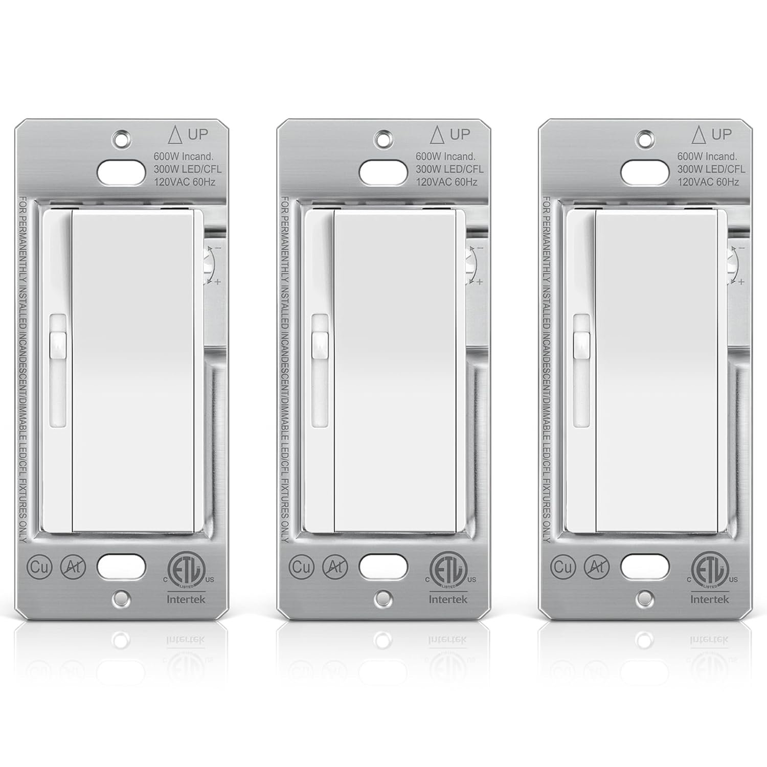 BESTTEN 3 Pack Slide Dimmer Light Switch, Quiet Rocker, Super Slim Single Pole or 3 Way Dimmable Switch, Max 300W LED, CFL, 600W Incandescent, ETL Listed, White