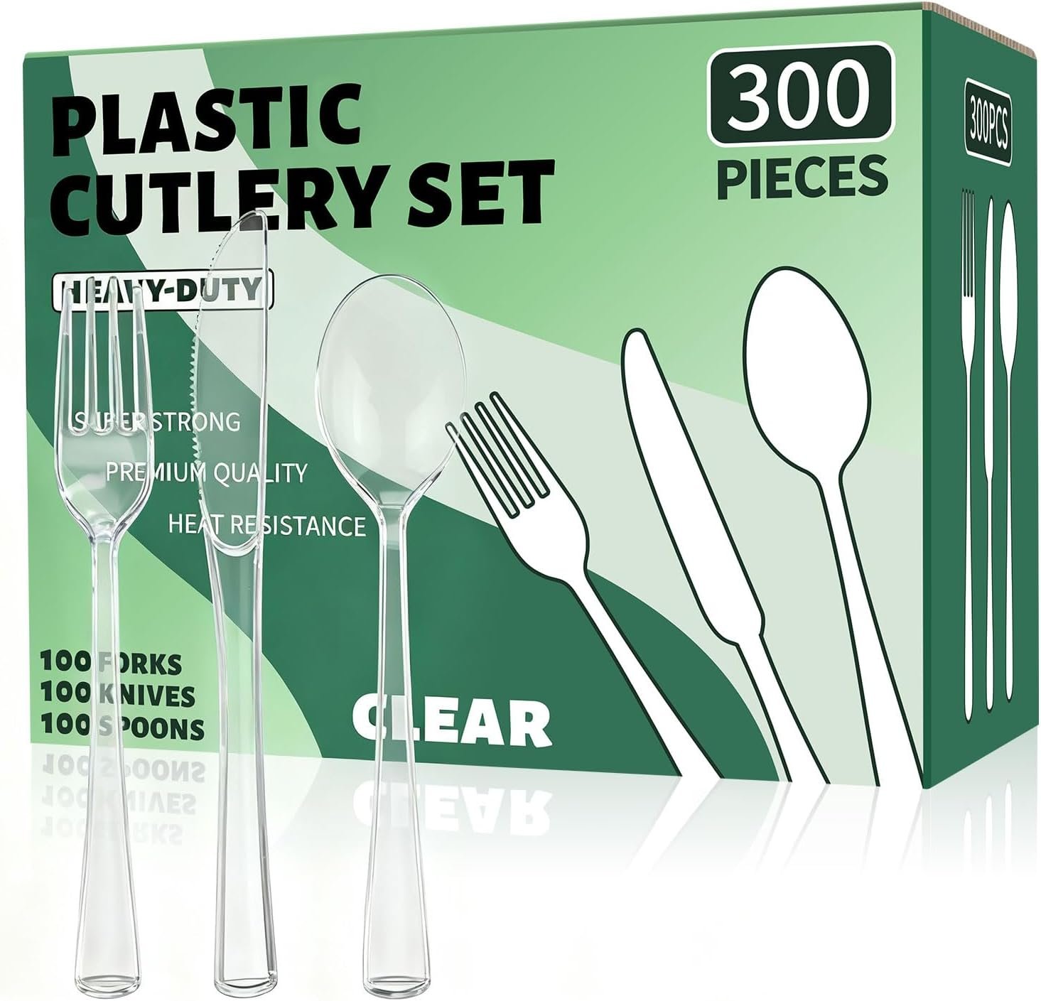 300 Count Clear Plastic Cutlery Sets Disposable, Includes 100 Knives, 100 Forks, 100 Spoons, Heavyweight Plastic Silverware Utensils for Parties, Events and Everyday Use (Cutlery Sets)