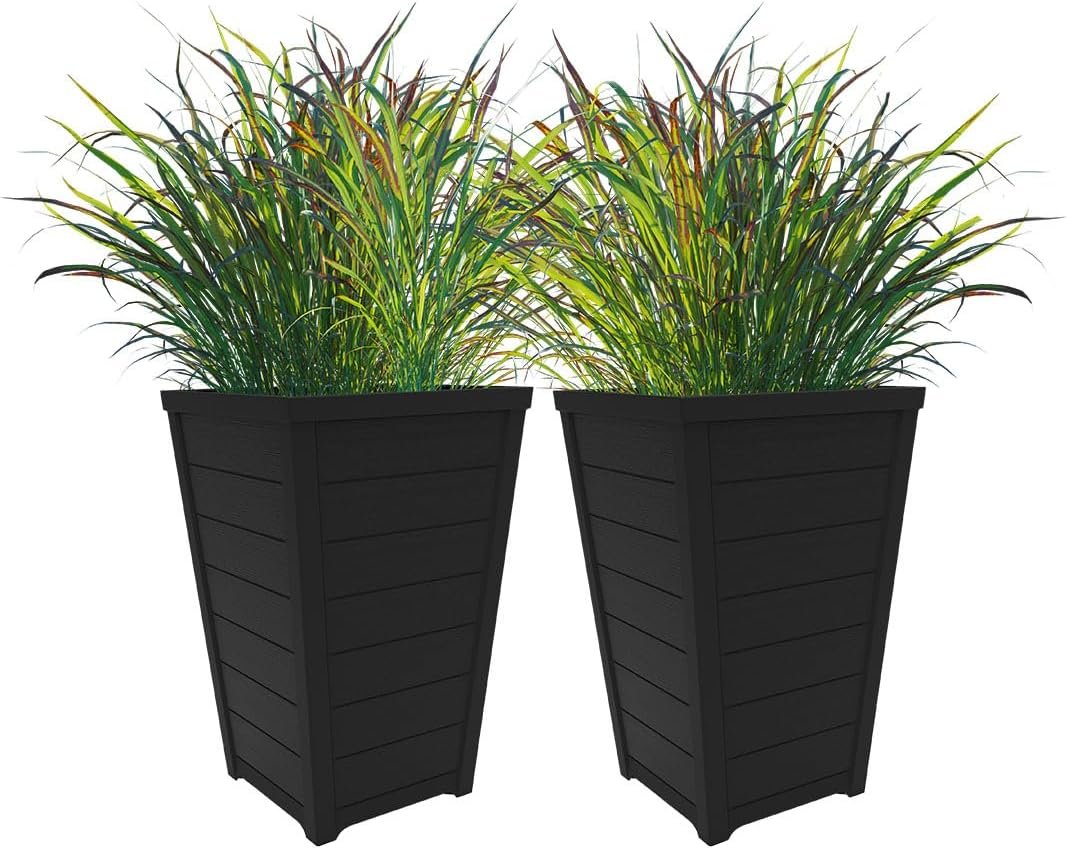 Keter Set of 2 Resin Modern Outdoor 22 Inch Tall Large Flower Pots, Tapered Wood Look Planters for Outdoor Plants and Front Porch Decor, Graphite