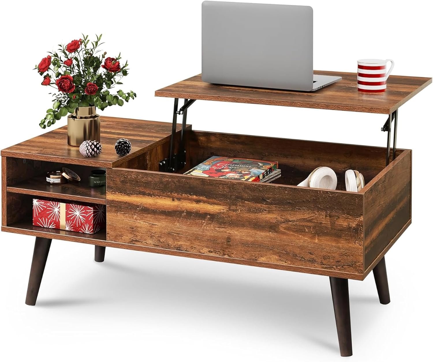WLIVE Lift Top Coffee Table for Living Room,Small Coffee Table with Storage, Adjustable Shelf and Storage Compartment, Mid Century Modern Living Room Table, Wood, Rustic Brown