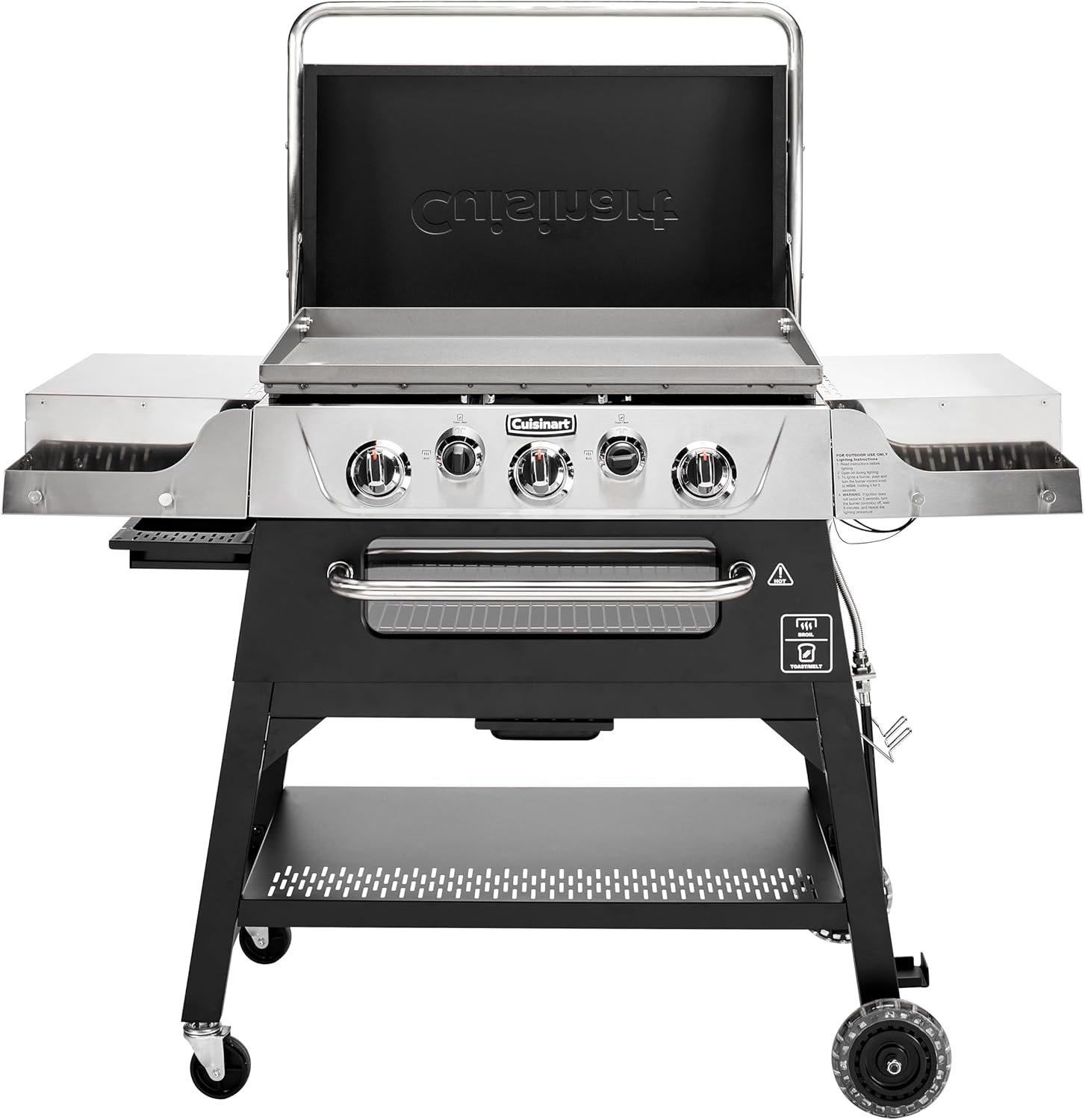 Cuisinart 28” Outdoor Griddler and Broiler Combo, 2-in-1 Carbon Steel Flat-Top Grill and Broiler with Hood, Adjustable Rack, Wheels, Side Tables, Large Cooking Area for BBQs, Outdoor Griddle Station