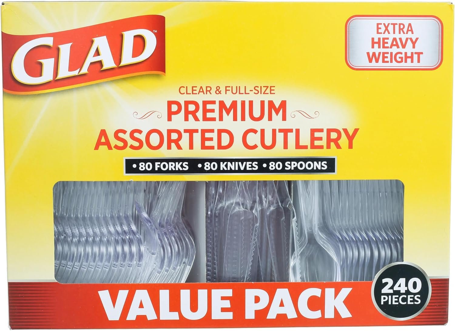 Glad Disposable Cutlery Set – Clear Heavy Duty Plastic Forks, Knives, and Spoons – 240 Piece Plasticware for Parties – Durable, Sturdy Recyclable Utensils – Great for July 4th, Thanksgiving, Christmas