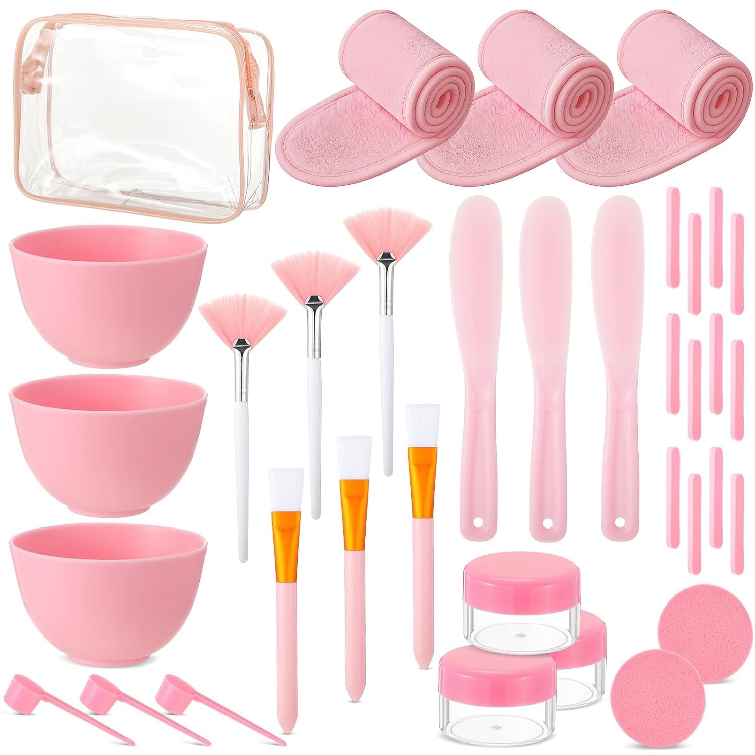 LemonRoad 34 Pcs Esthetician Facial Supplies Set, Facial Mask Bowl and Spatula Hairbands Brushes Clear Powder 20g Storage Jars Measuring Spoons Compressed Sponges Cosmetic Bag with Zipper (Pink)