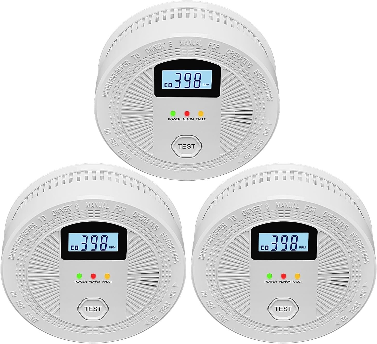 3 Pack Combination Photoelectric Smoke and Carbon Monoxide Alarm Detector with Digital Display; Battery-Operated Smoke Carbon Monoxide Alarm