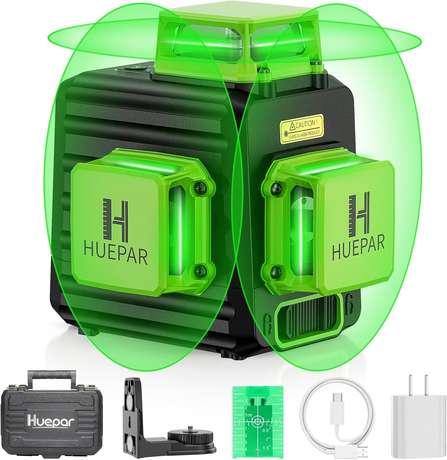 HUEPAR Laser Level 360 Self Leveling, Rechargeable 3D High Brightness Green Laser 3×360° Best Laser Leveler Tool for Construction and Picture Hanging, Strong Magnetic Bracket & Hard Suitcase -B03CG