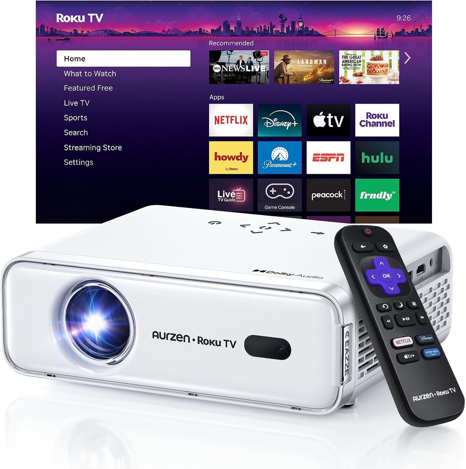 Aurzen Roku TV Smart Projector with Wifi and Bluetooth, Christmas Gifts, Roku Streaming Experience Built-in, 1080P FHD, Dolby Audio, Auto Focus & Keystone, Zoom, Movie Portable Outdoor Mini Projector