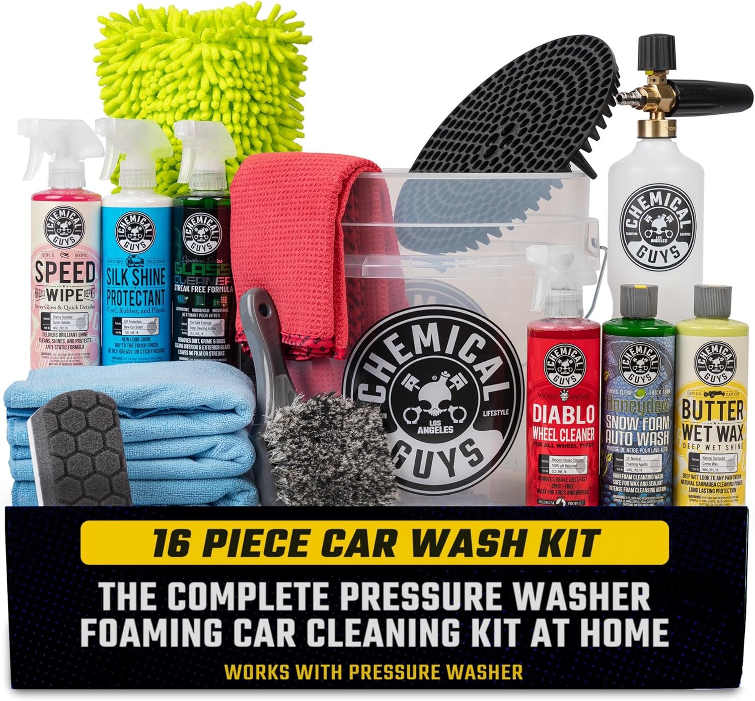 Chemical Guys 16-Piece Arsenal Builder Car Wash Kit with Foam Cannon, Bucket, and 6 x 16 oz Care Chemicals – Car Detailing Kit Works with Pressure Washers, Trucks, SUVs, Motorcycles, and More