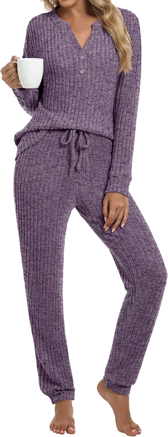 ANRABESS Womens Lounge Set 2025 Fall 2 Piece Outfit Long Sleeve Pajamas Sets Henley Top & Pants Loungewear Clothing