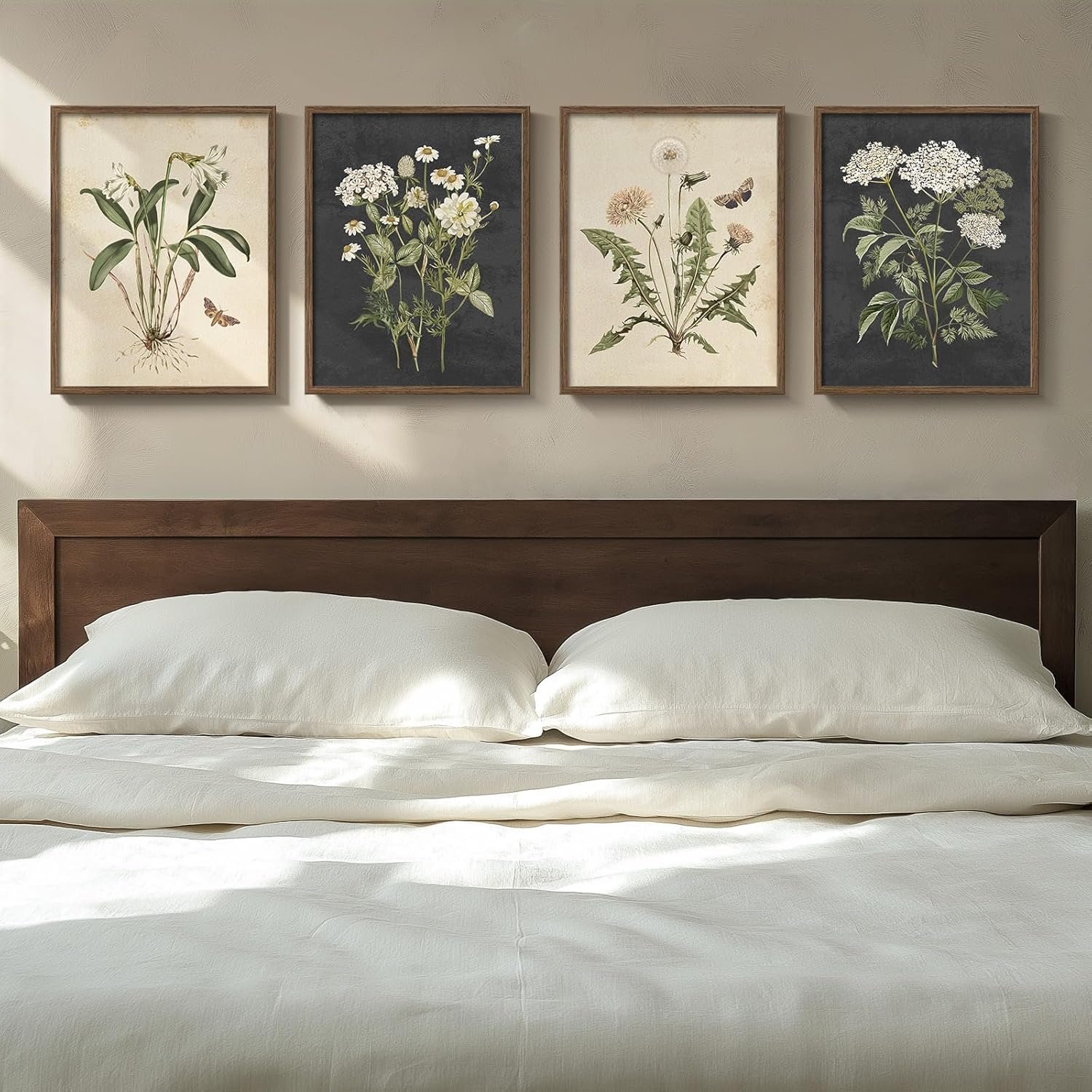 Framed Vintage Botanical Wall Art Bedroom, 4 Piece Rustic Farmhouse Floral Canvas Prints Artwork, Neutral Flower Butterfly Pictures for Modern Farmhouse Living Room Kitchen Bathroom Wall Decor, 11×14