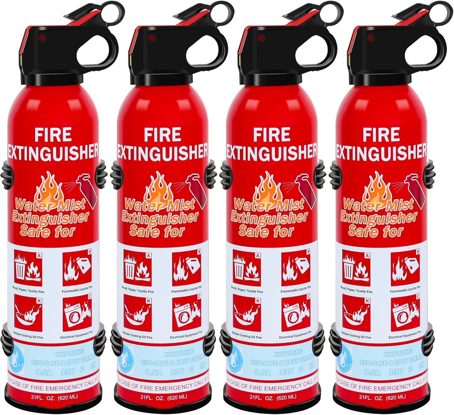 4 Pack Fire Extinguisher for Home Kitchen Car Grill – Water-Based A/B/C/K Rated, Non-Toxic, Prevent Re-Ignition & Easy Clean Compact Design