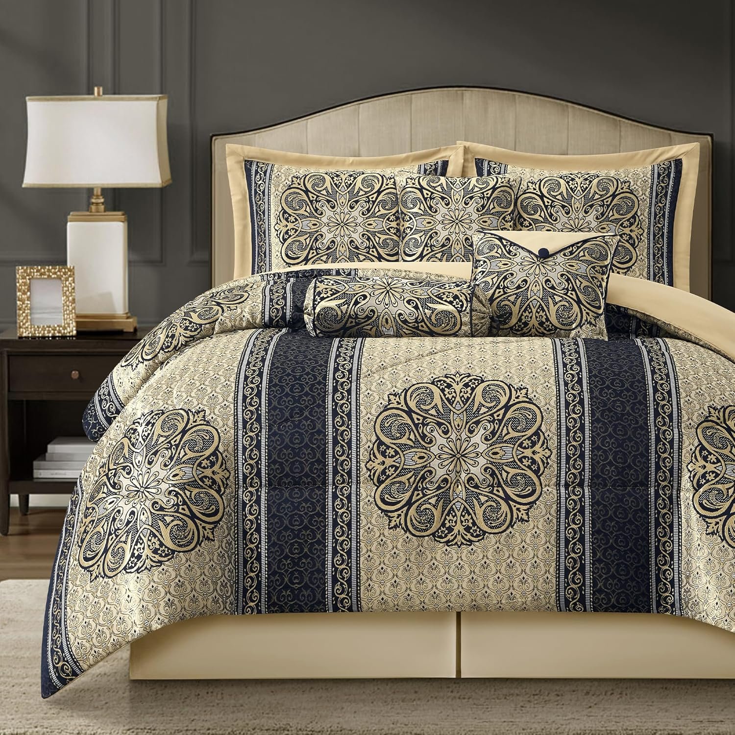 Queen Comforter Set, Navy Medallion Jacquard Design, Luxurious Bohemian 7 Pieces Bedding Set with Decorative Pillows and Bed Skirt
