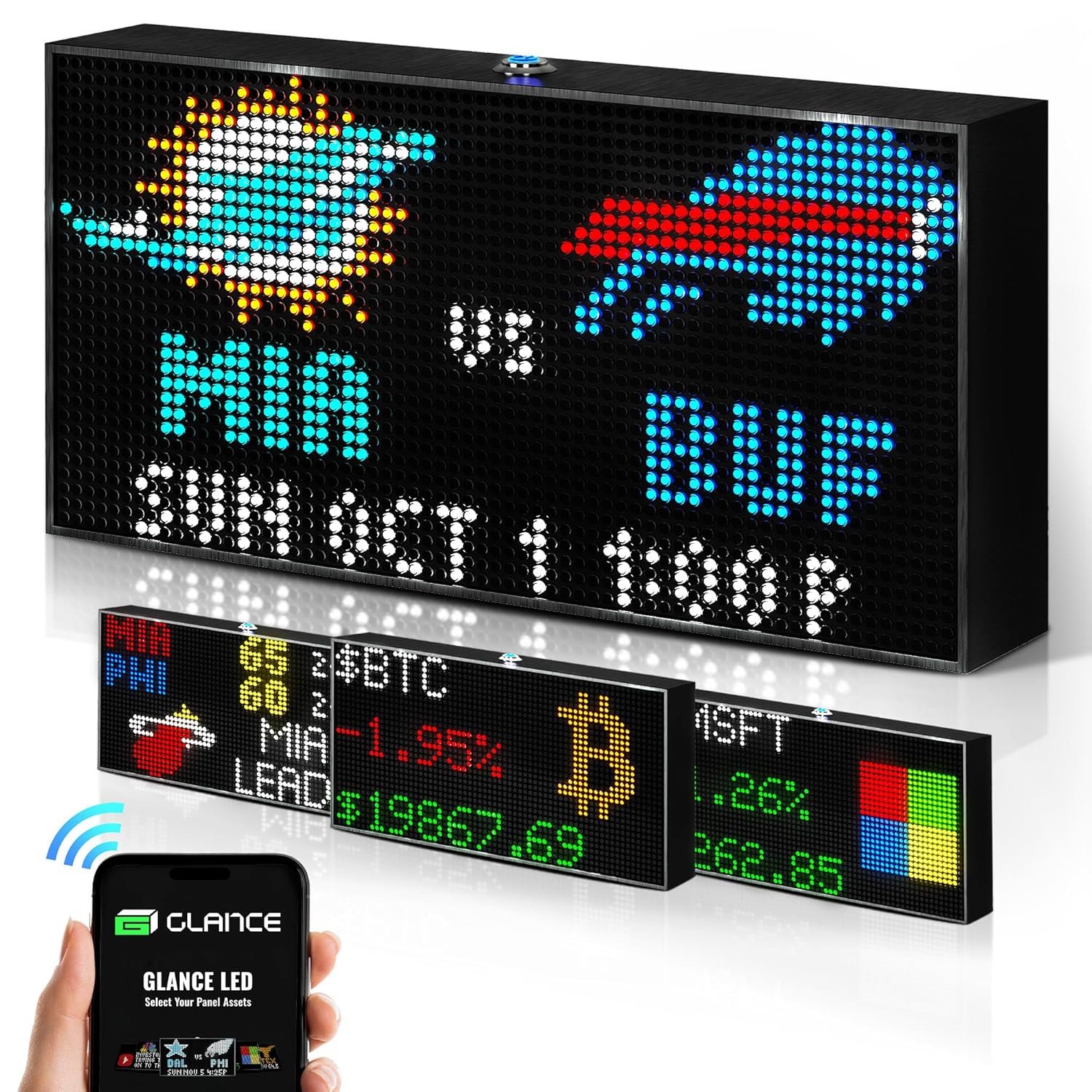 Glance LED Ticker – Customizable LED Display Sports Ticker, LED Display for Man Cave, Stock Market Ticker Display, Sports Score Retro Smart Pixel Display, Weather Display – 10.5″x5.5″ Made in USA