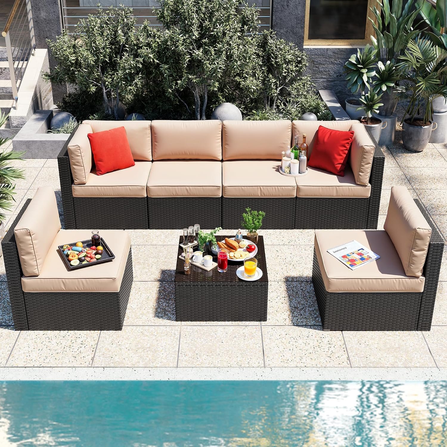 Vongrasig 7 Pieces Patio Furniture Sets, Outdoor All-Weather Wicker Patio Conversation Sets, L-Shaped Rattan Sectional Patio Sofa with Glass Table for Backyard, Beige